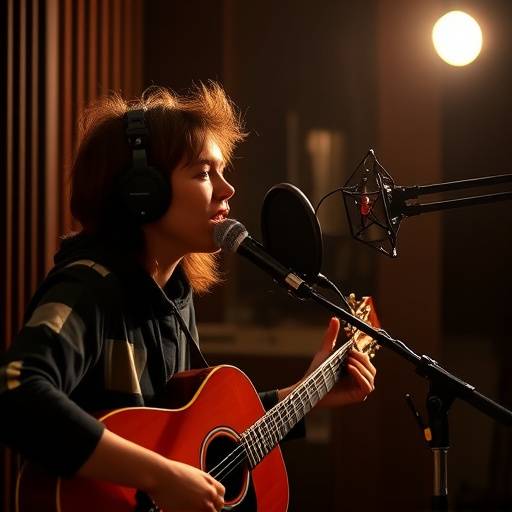 音楽制作スタジオでアーティストがボーカルを録音している様子